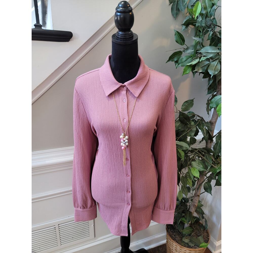 Nina Parker Blouse Women's Size 2X Pink Textured Button Up Tie Back Top